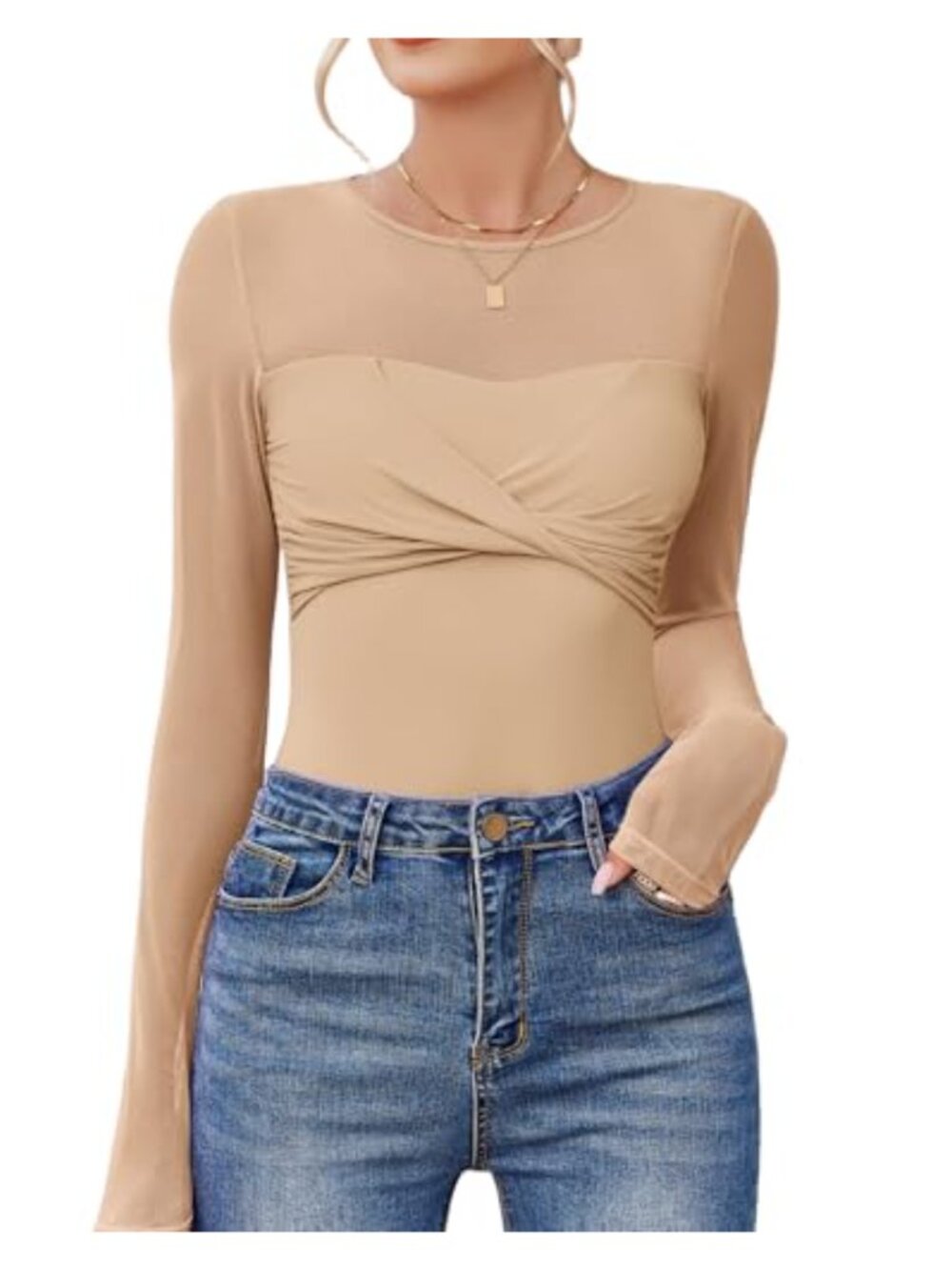 Long Sleeve Sheer Mesh Bodysuit Twist Knot Shapewear